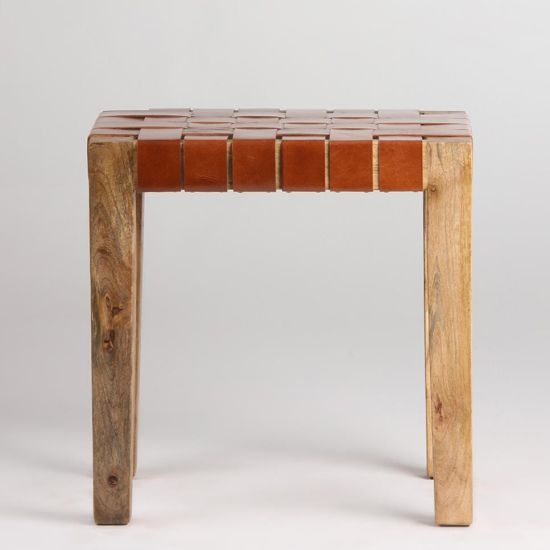 Low Stool - Tan Real Leather Strap Seat - Natural Wood Frame