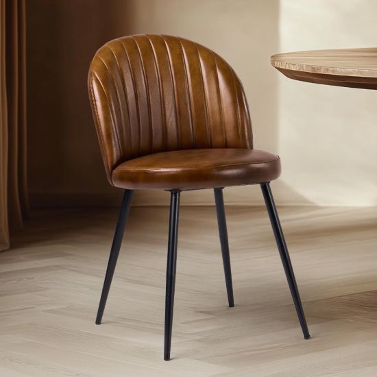 Ducie Dining Chair - Brown Leather Seat - Black Base