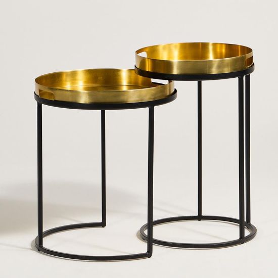 Annalee Nesting Side Tables - Round Brass Metal Top - Black Frame
