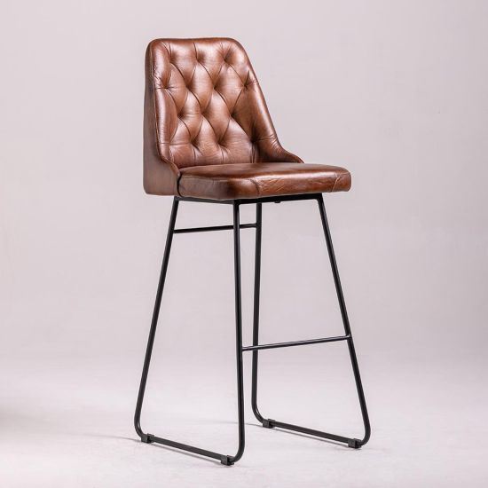 Hague Bar Stool - Brown Real Leather Seat - Black Base - 75cm