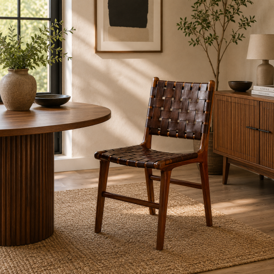 London Dining Chair - Brown Leather Woven Strap Seat - Teak Frame