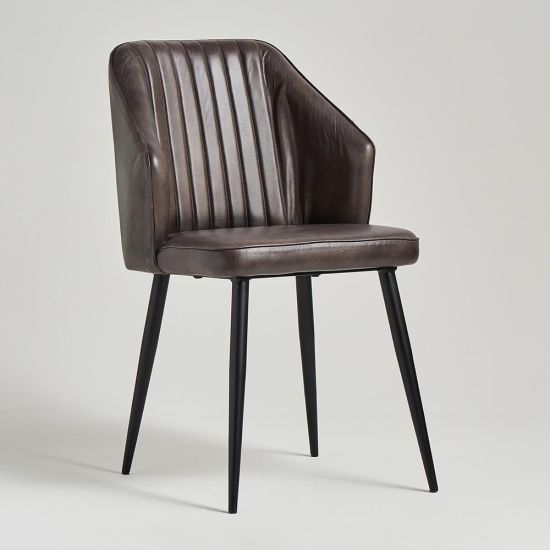Portland Dining Chair - Grey Real Leather Seat - Black Base