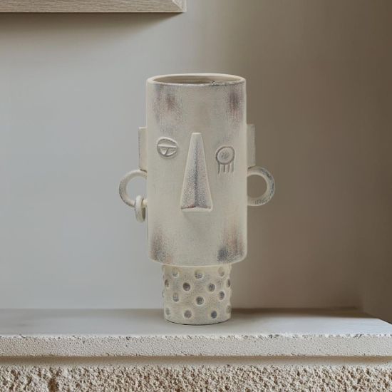 Ashanti Vase - White Stone Effect with Face Detail - 36cm