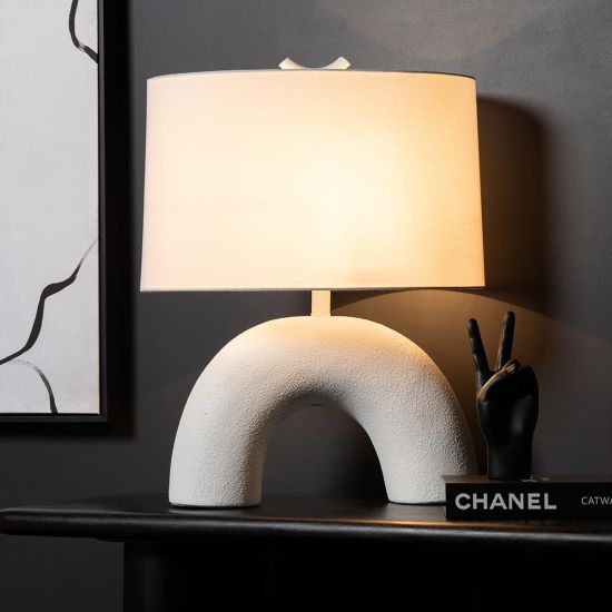 Sydney Table Lamp - Linen Light Shade - White Stone Effect Ceramic Base - 56cm