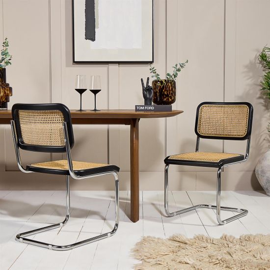 Cesca Inspired Dining Chair - Black & Natural Rattan Cane Seat - Chrome Frame