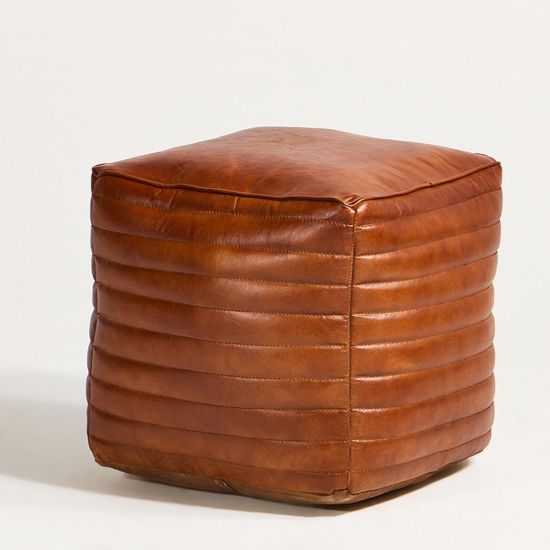 Square Pouffe - Tan Ribbed Real Leather - 40 x 45cm