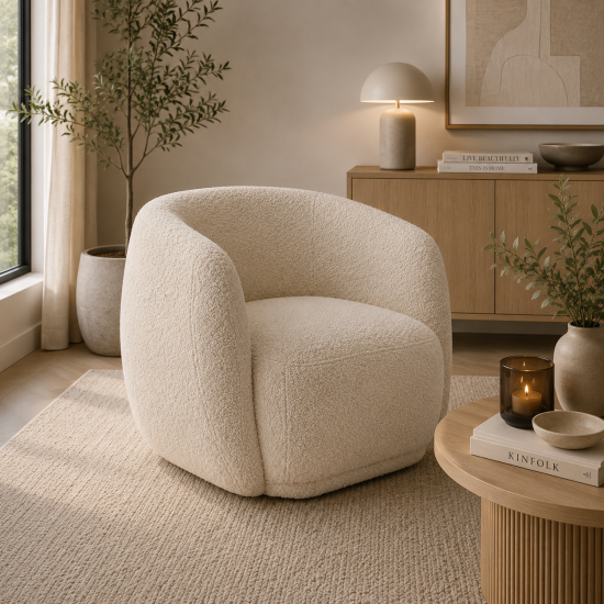 George Armchair - Cotton Cream Sherpa Fabric Seat - Tub Frame