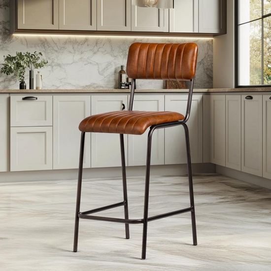 Diner Bar Stool - Tan Real Leather Seat - Grey Metal Frame - 66cm