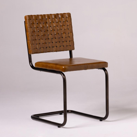 Harrison Dining Chair - Brown Real Leather Seat - Natural Metal Base