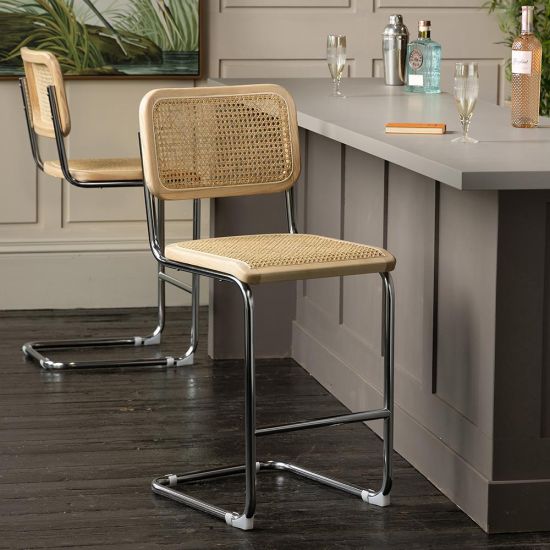 Cesca Inspired Bar Stool - Natural Cane Seat - Metal Chrome Frame - 64cm