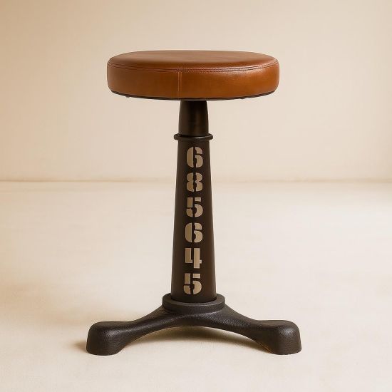 Singer Low Stool - Tan Leather Round Seat - Metal Base - 48cm