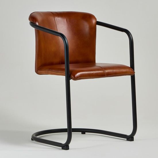 Deansgate Dining Chair - Tan Real Leather Seat - Black Base