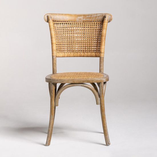 French Dining Chair - Rattan Wicker Seat - Weathered Elm Frame