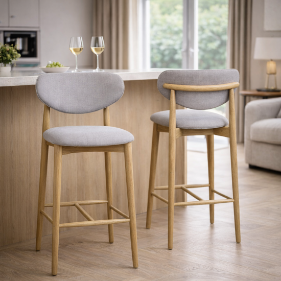 Eve Bar Stool - Grey Fabric Oval Seat - Natural Elm Frame - 66cm