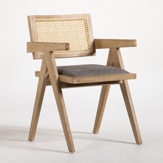Adagio Inspired Dining Chair - Grey Fabric Seat & Cane Backrest - American Oak Frame