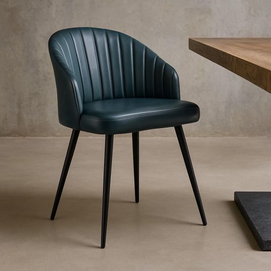 Wilson Dining Chair - Teal Blue Leather Seat - Black Metal Base