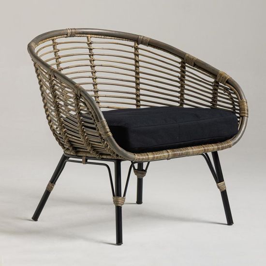 Club Accent Chair - Black Cushioned Seat - Natural Cane Frame
