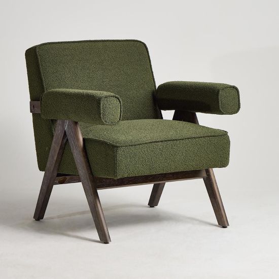 Lorenzo Accent Armchair - Green Boucle Fabric Seat - Brushed Wood Frame