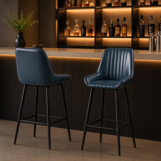 Brooklyn Bar Stool - Blue Leather Seat - Black Metal Base - 75 cm