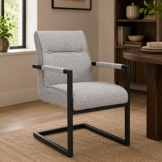 Harlow Dining Armchair - Smoke Pearl Fabric Seat - Black Cantilever Metal Frame - Set of 2