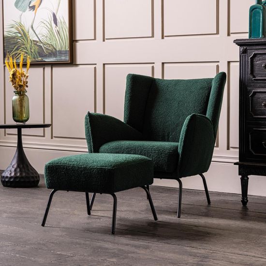 Winston Armchair with Footstool - Green Boucle Fabric - Black Metal Base