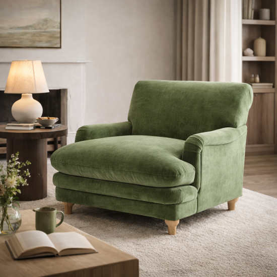 Martha Armchair - Vine Green Chenille Fabric - Rubberwood Legs