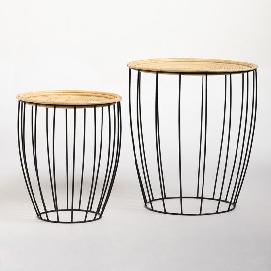 Cone Side Table - Round Rattan Top - Iron Wire Drum Shape Frame - 35 x 40cm