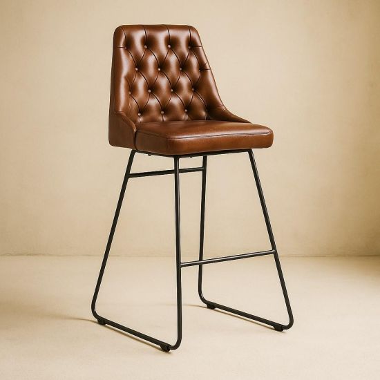 Hague Bar Stool - Brown Leather Seat - Black Base - 66cm