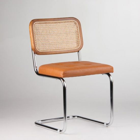 Cesca Inspired Dining Chair - Brown PU Leather Seat - Chrome Frame