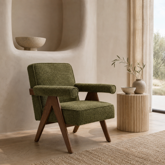 Lorenzo Accent Armchair - Leaf Green Chenille Seat - Walnut Wood Frame