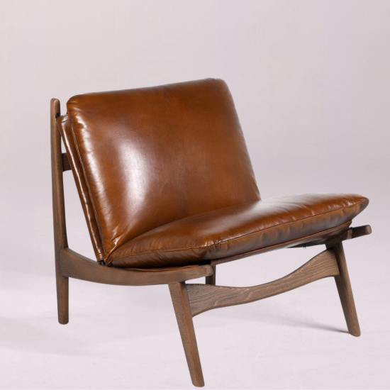 Sherlock Accent Chair - Real Brown Leather Seat - Wood Frame
