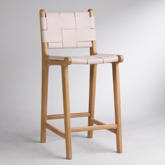 Lisbon Bar Stool White Real Leather Strap Counter 66cm Seat Height Teak Frame