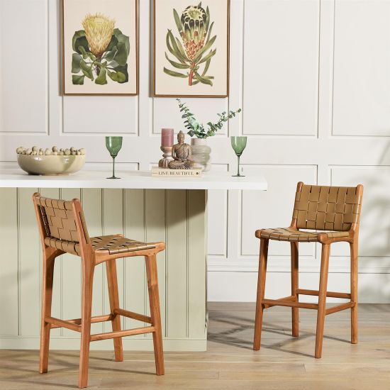 London Bar Stool Taupe Real Leather Woven Counter 64cm Seat Height Teak Frame