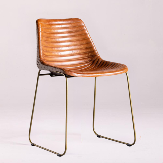 Deluxe RH Dining Chair - Brown Ribbed Real Leather Seat - Gold Base