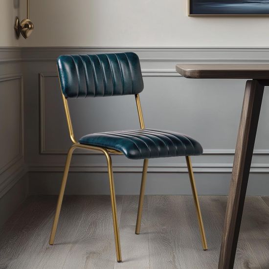 Diner Dining Chair - Teal Blue Real Leather - Antique Brass Frame