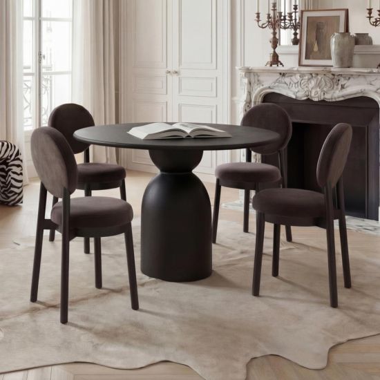 OTI Gaia Dining Table - Matt Black Wood Grain Round Top - Sculptural Hourglass Base - 100cm