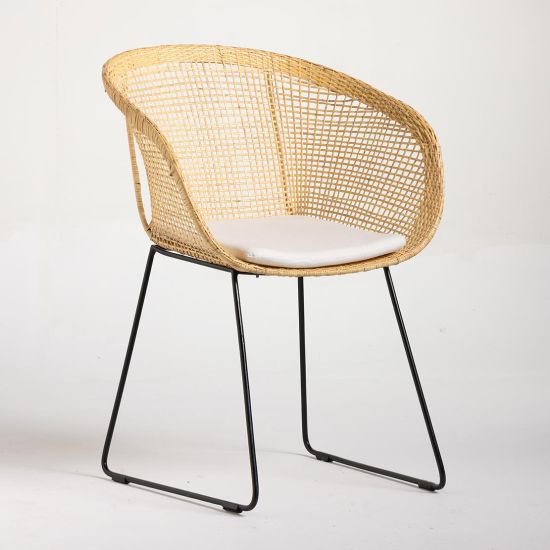 Belize Dining Chair - Natural Rattan Wicker Cup Seat - Black Iron Base