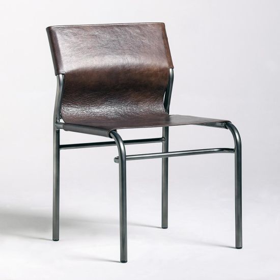 Maverick Dining Chair - Brown Real Leather Sling Seat - Black Base