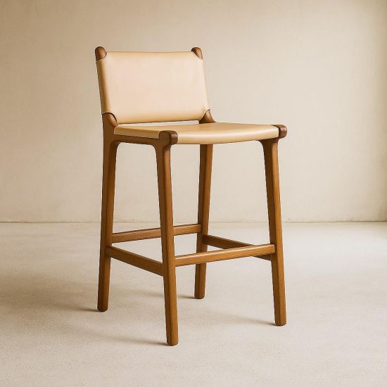 London Bar Stool - Sling Taupe Seat - Teak Frame - 64cm