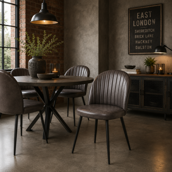 Ducie Dining Chair - Grey Leather Seat - Matt Black Metal Base