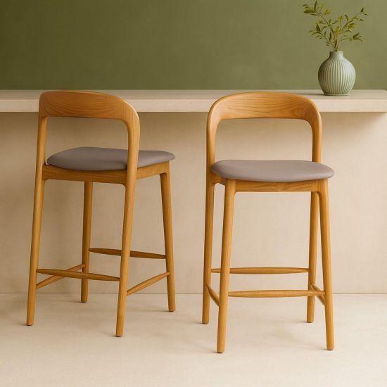 Copenhagen Counter Stool - Grey PU Leather Seat - Oak Bow Frame - 66 cm