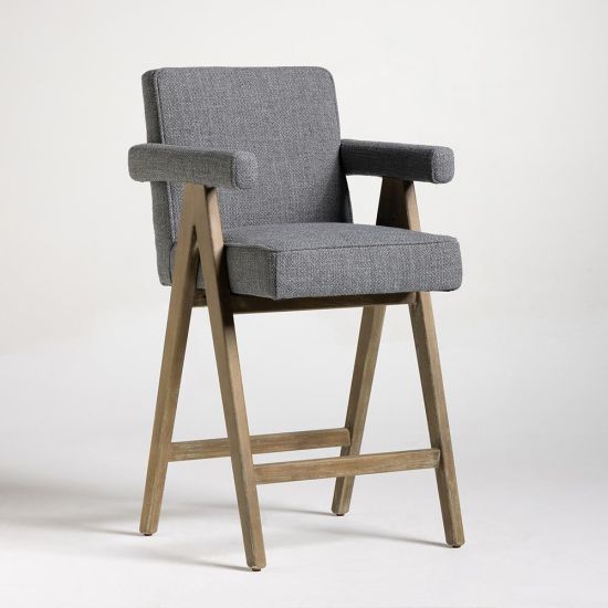 Lorenzo Bar Stool - Grey Boucle Fabric Seat - Solid Oak Frame - 70cm