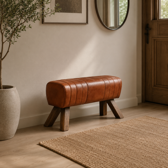 Pommel Bench - Brown Leather Seat - Natural Wood Legs - 88cm