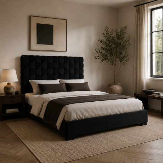 California Double Bed - Black Woven Velvet Upholstered Frame