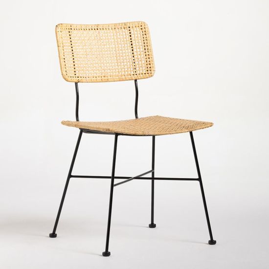 Stamp Dining Chair - Natural Rattan Cane Seat - Black Iron Frame