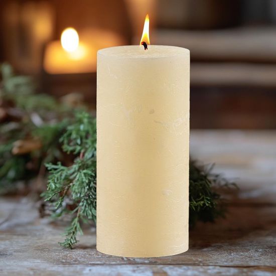 Rustic Pillar Candle Mustard Cream Paraffin Wax Candlelight Table 15 cm