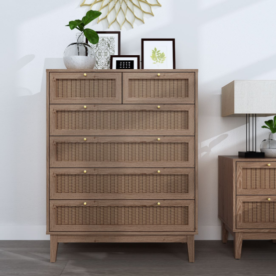 Lille Chest Of Drawers - Weave Rattan 6 Drawers - Oak Natural Wood Grain