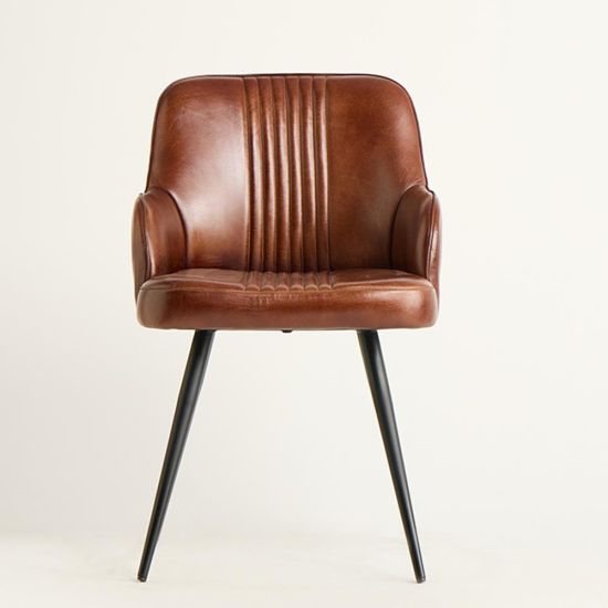 Ancoats Dining Chair - Brown Real Leather Seat - Black Base