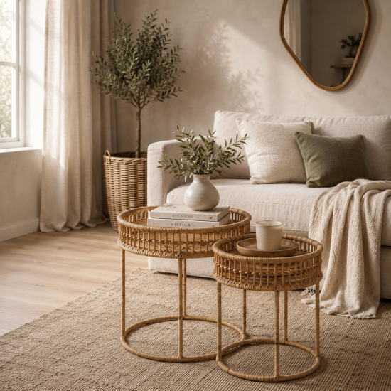 Rattan Nesting Table - Round Natural Rattan - Set of 2