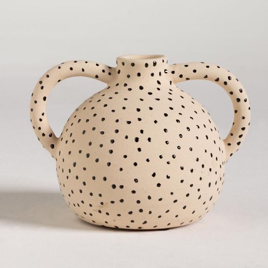 Nkosana Stoneware Vase Natural Stone Effect with Black Dots Detail - 16cm